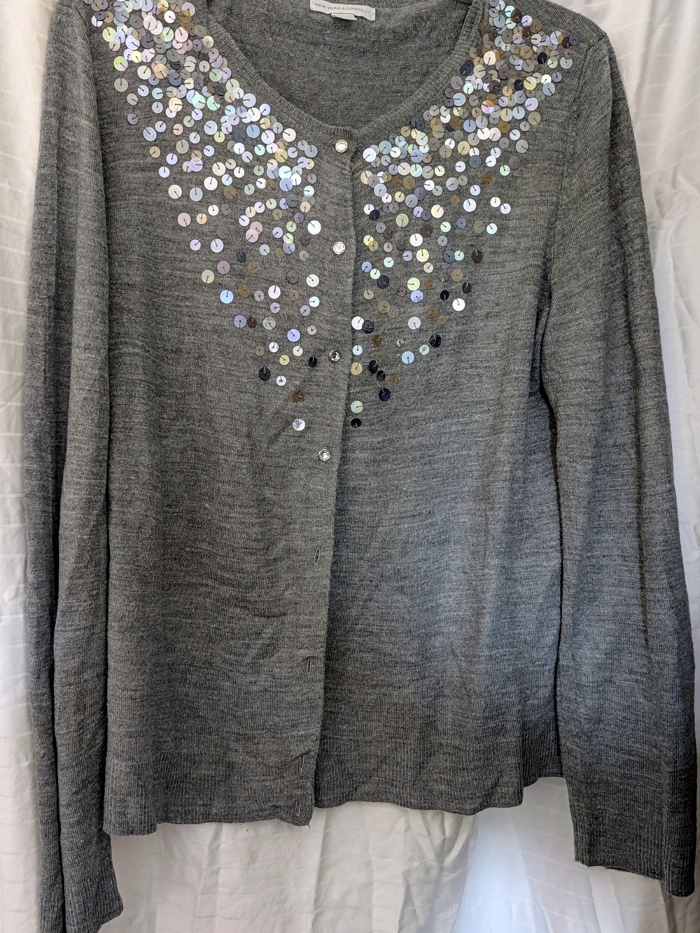 New York & Company Gray Sequin V-Neck Cardigan
